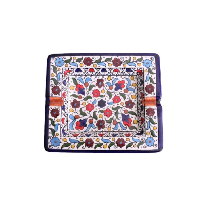 Hand Painted SQUARE Blue Ceramic Floral Ashtray Hebron Pottery