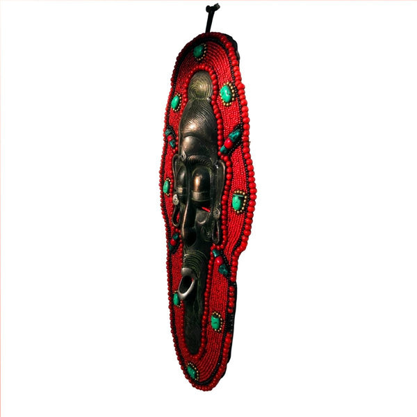 Handcrafted Gemstones Coral African Mask Wall Hanging