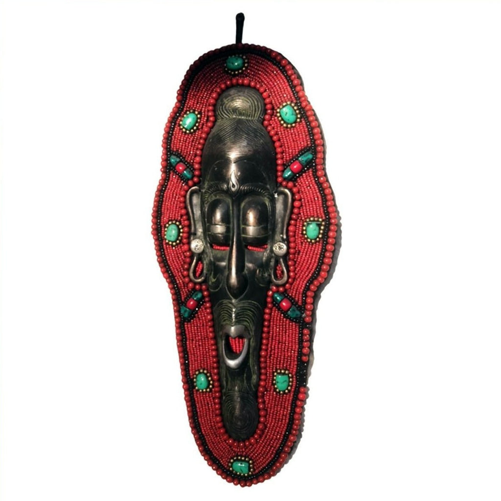 Handcrafted Gemstones Coral African Mask Wall Hanging