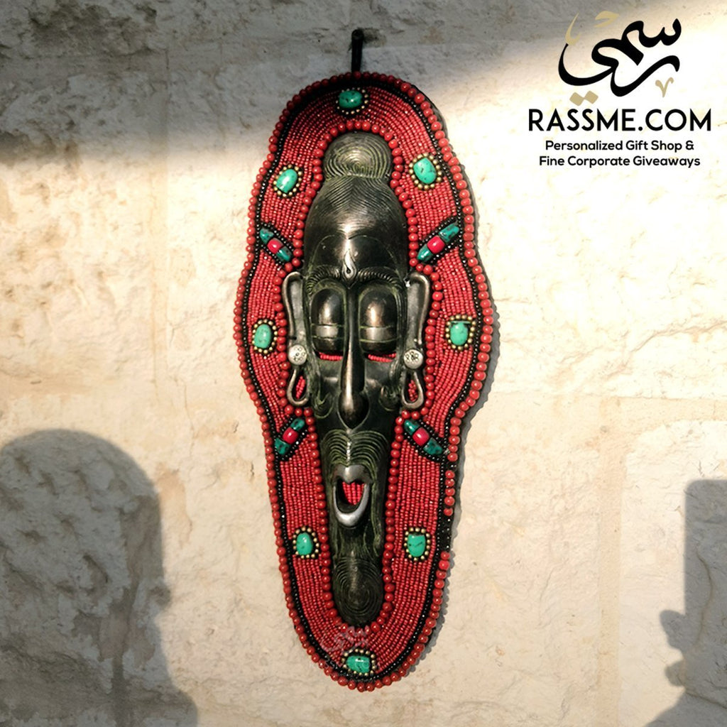 Handcrafted Gemstones Coral Frame African Hanging Mask