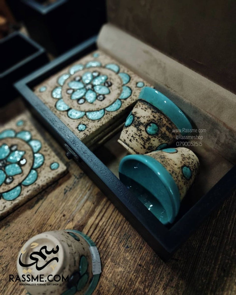 Handcrafted Nabataeans Arabian Coffee Set Box, cups and coasters