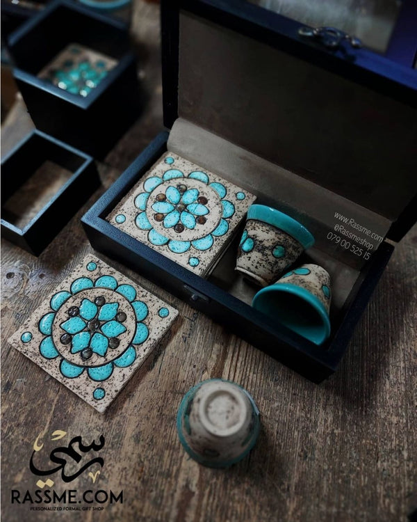 Handcrafted Nabataeans Arabian Coffee Set Box, cups and coasters