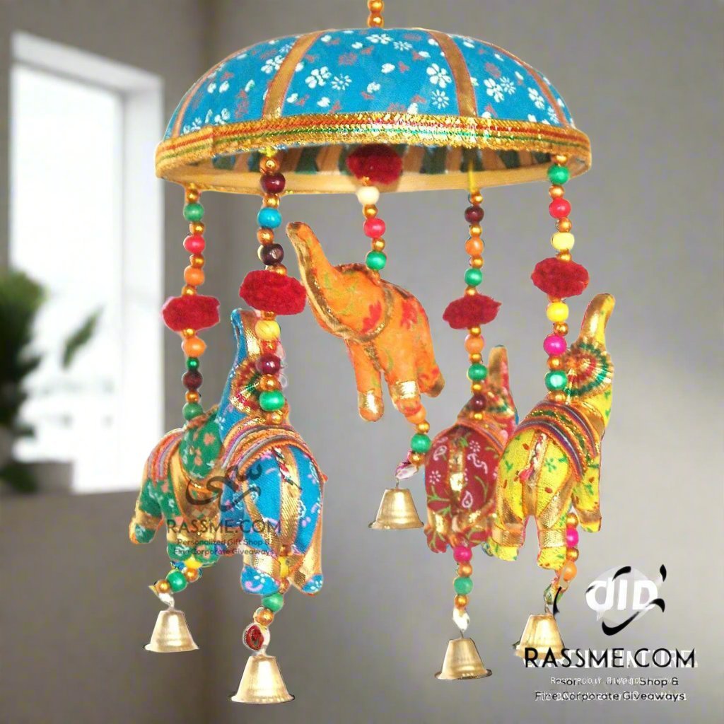 Handicrafts Elephant Turquoise Umbrella Hanging Layer of Five Elephant