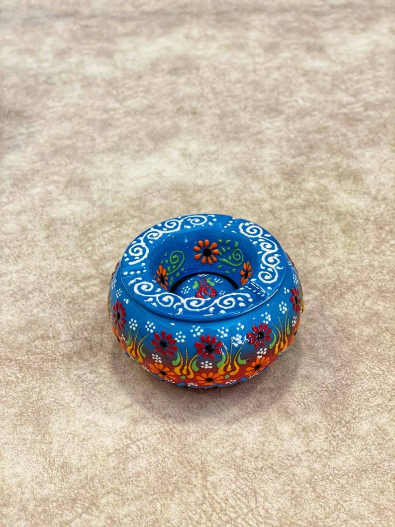 Handmade Ceramic Ashtray with Lid Decorative Turkish Hand Painted