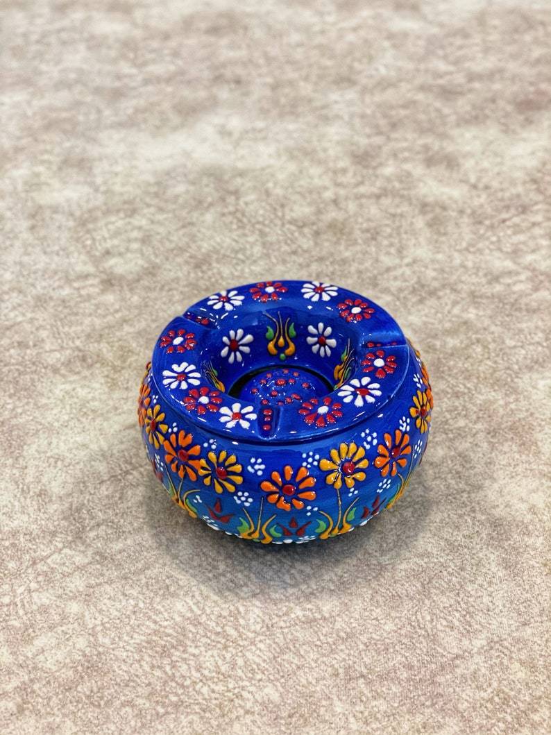 Handmade Ceramic Ashtray with Lid Decorative Turkish Hand Painted