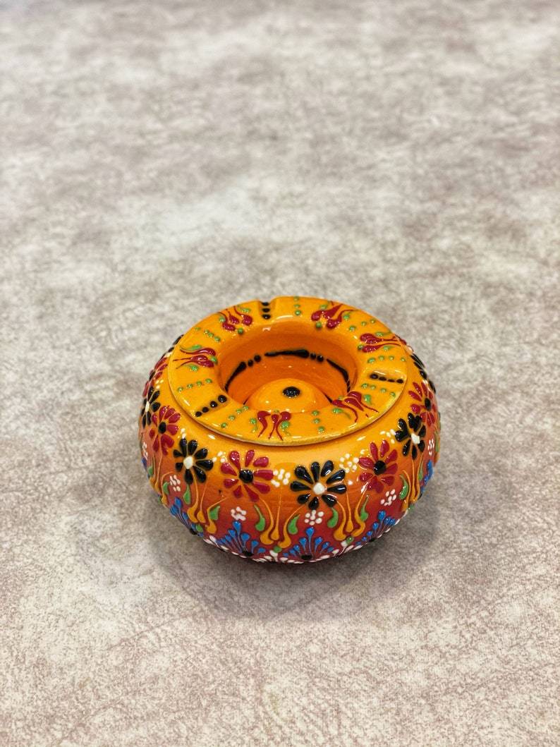 Handmade Ceramic Ashtray with Lid Decorative Turkish Hand Painted