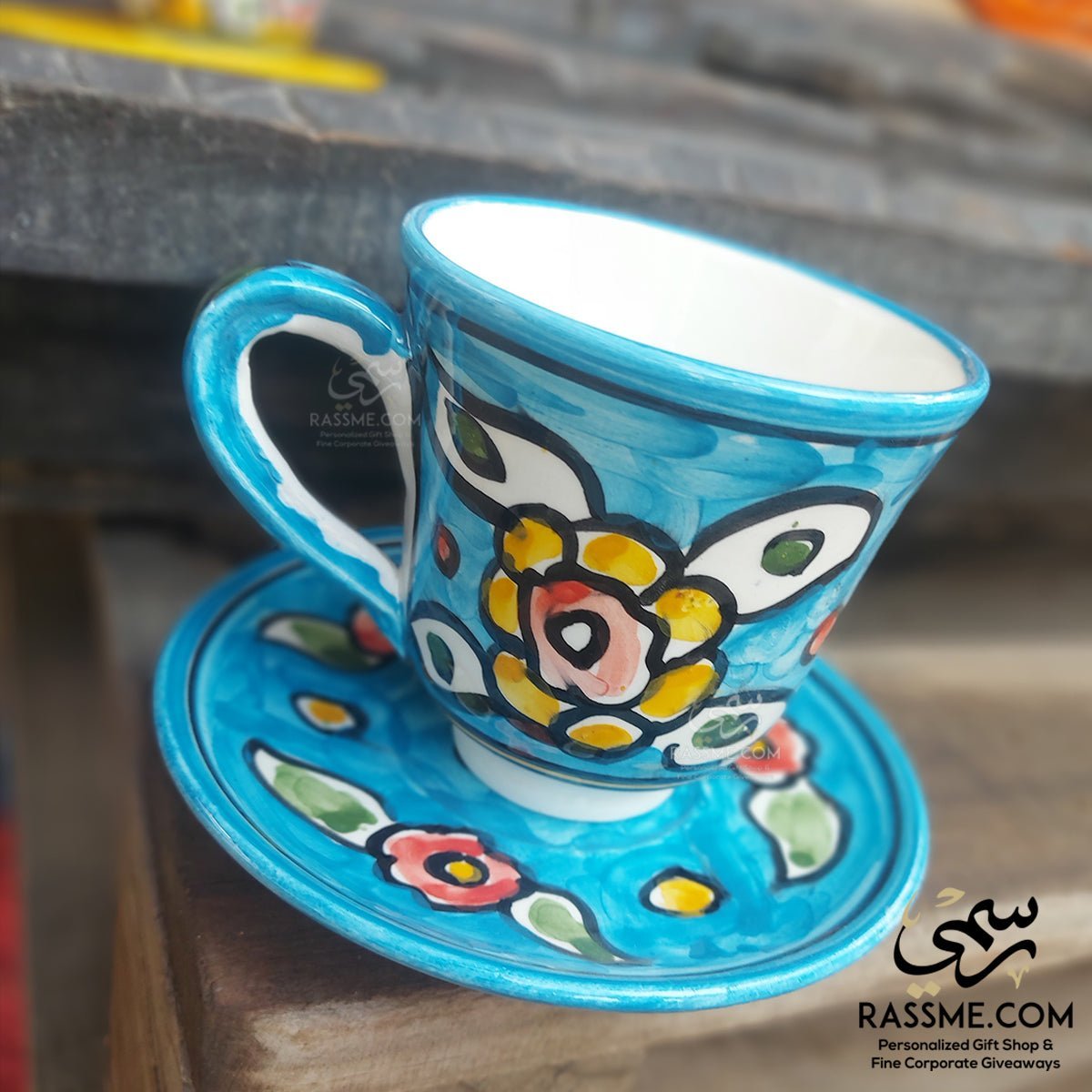Handmade Ceramic Floral Tea Cup With Saucer Plate Pottery