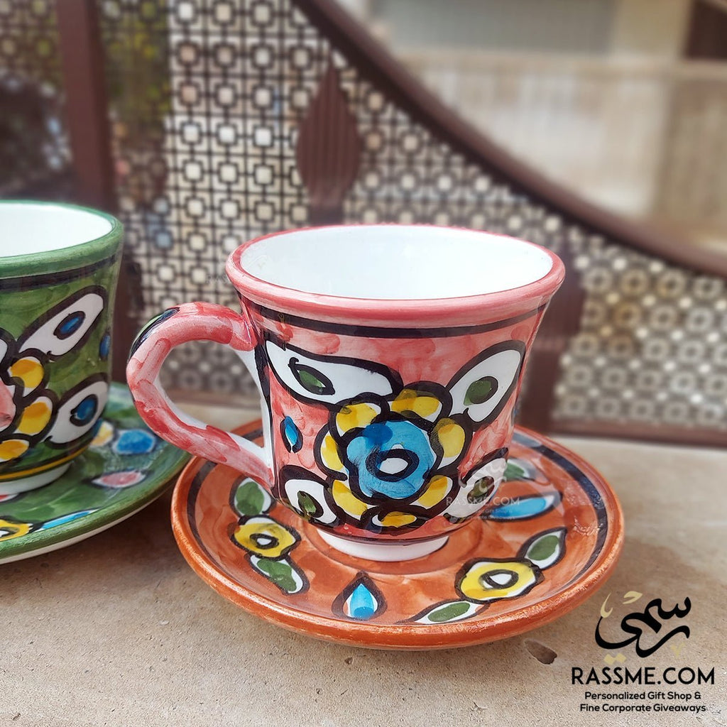 Handmade Ceramic Floral Tea Cup With Saucer Plate Pottery