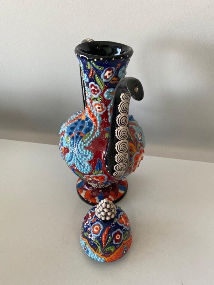 Handmade Handprinted Turkish Ceramic Ewer Pitcher Vase Home Decor