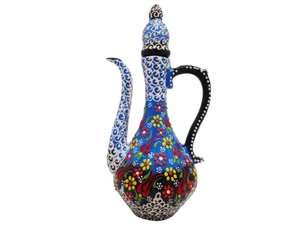 Handmade Handprinted Turkish Ceramic Ewer Pitcher Vase Home Decor