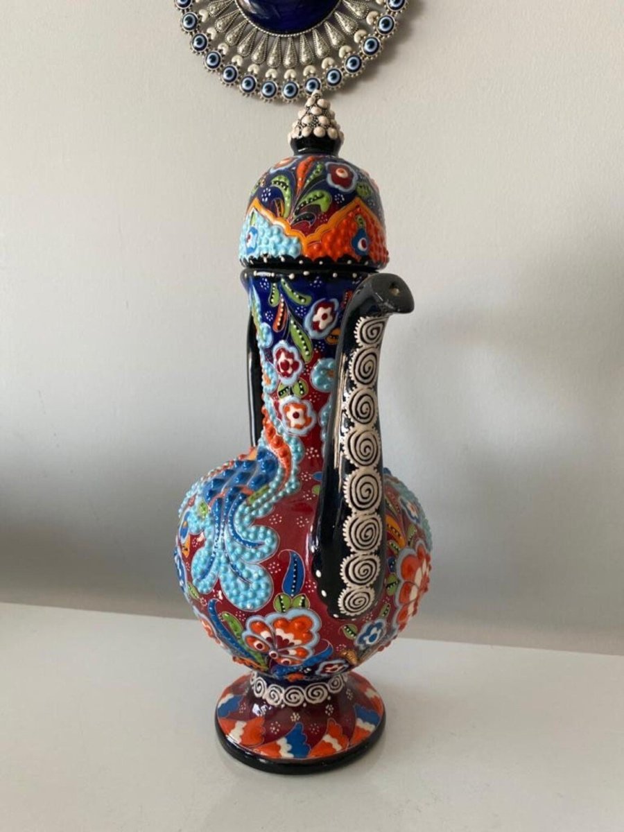 Handmade Handprinted Turkish Ceramic Ewer Pitcher Vase Home Decor