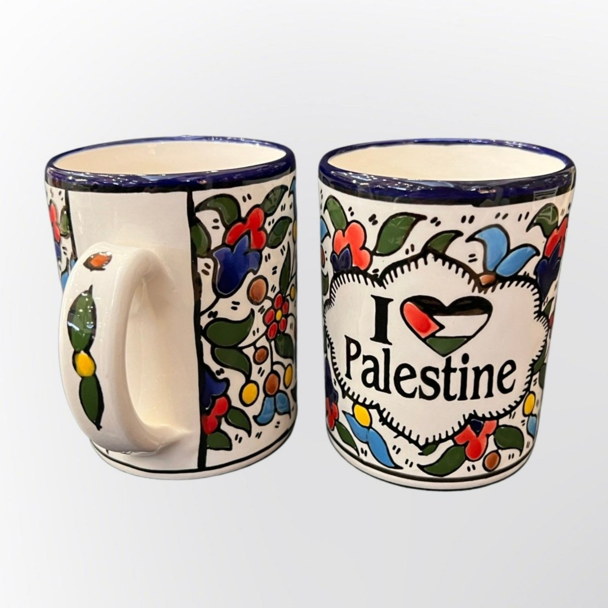 Handmade in Palestinian Mug Blue Ceramics Floral Pottery