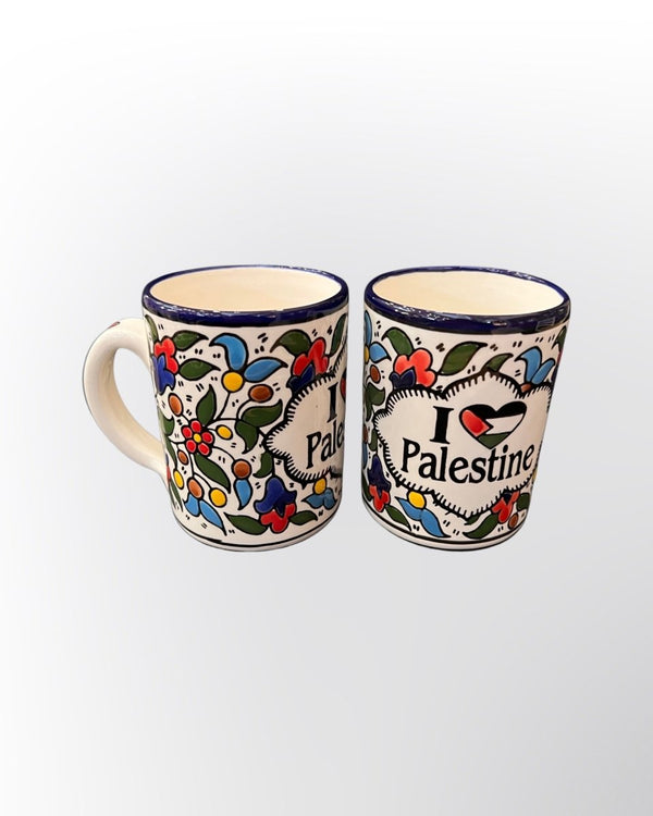 Handmade in Palestinian Mug Blue Ceramics Floral Pottery
