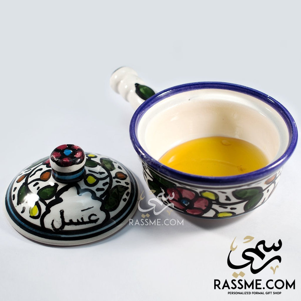Handmade Palestinian Ceramic Floral Honey Bowl Pottery