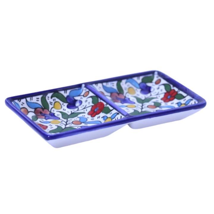 Hebron Ceramic Blue bowl SMALL 2 SECTION RECTANGLE PLATE