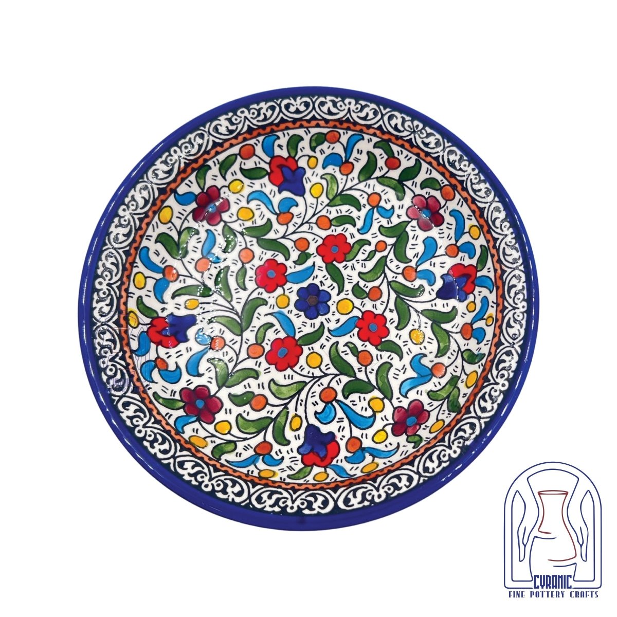 Hebron Ceramic Round Floral Plate with Blue Border