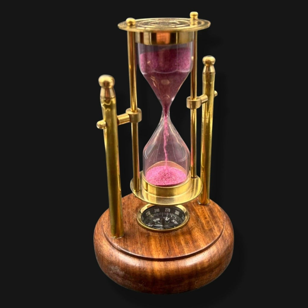 Hourglass Brass Wooden Sand Clock With Compass