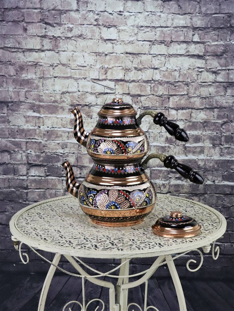 Copper Turkish TeaPot Tea Kettle Pots Set for Stove Top Stovetop Decorative  Infuser Vintage Antique Floral Farmhouse Glasses Tray Cups Serving Party
