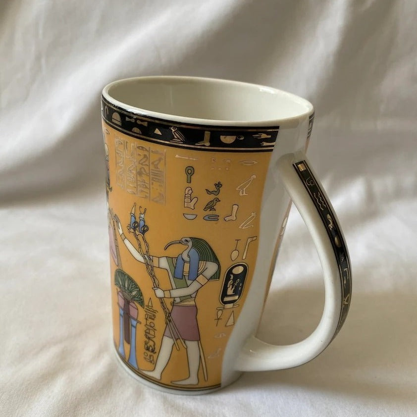 Egyptian Porcelain Mug Collectible Queen Nefertiti / King Tut Scribe Tan Gold Black White