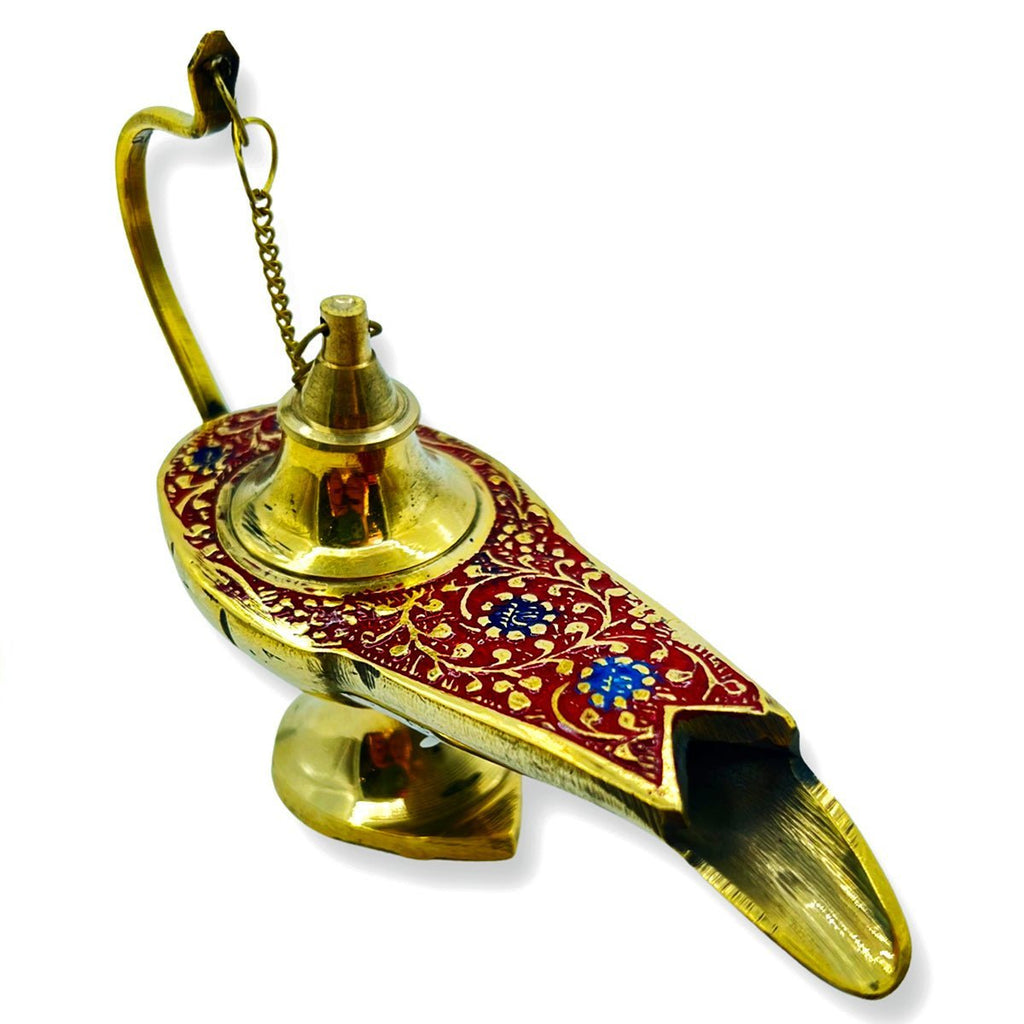 Incense Holder Aladdin Lamp Brass & Red Enamel Colors