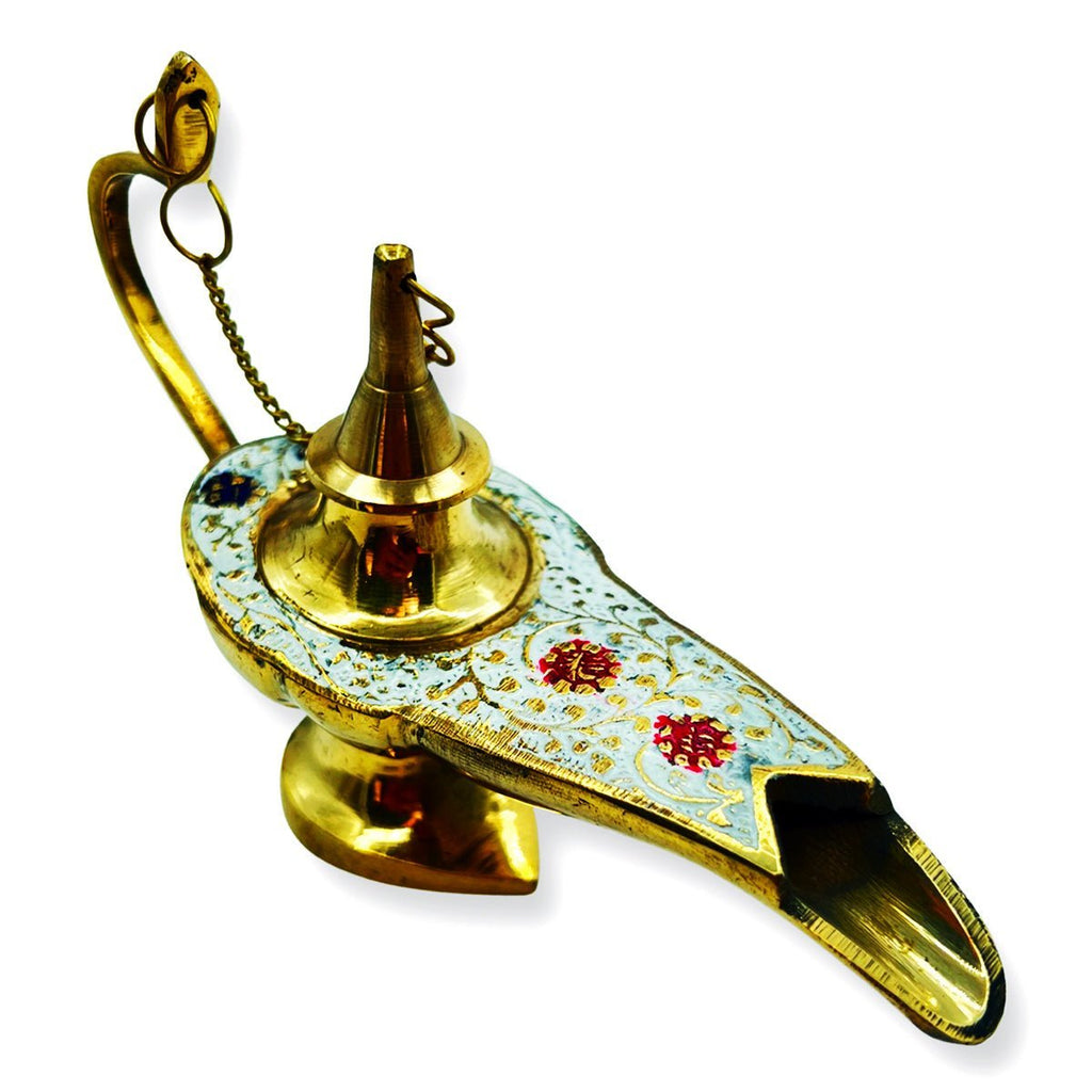 Incense Holder Aladdin Lamp Brass & White Enamel Colors