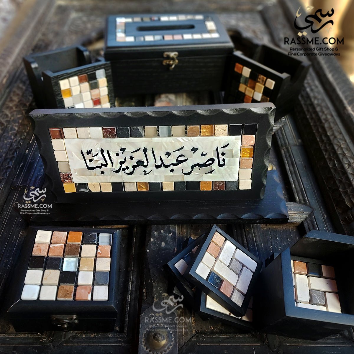 Mother-of-pearl desk name sign set with mosaic pen holders and a matching box