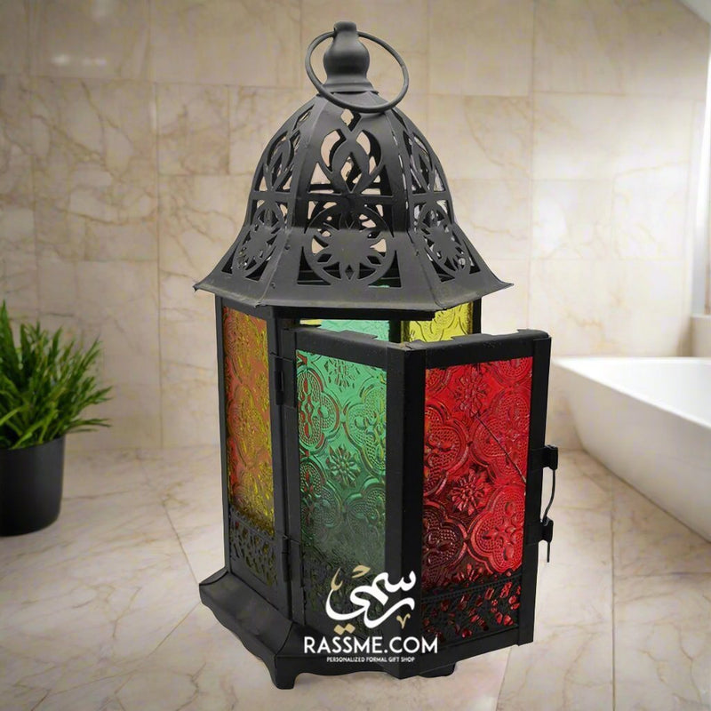 LED Flameless Traditional Wide Door Arabian Glass Lantern Desk