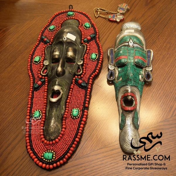 Handcrafted Gemstones Coral Frame African Hanging Mask