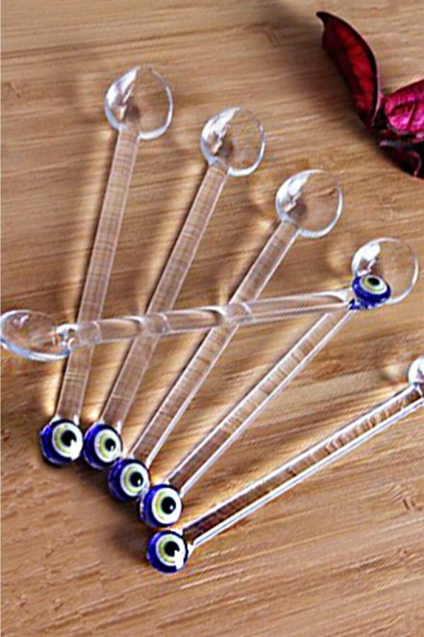 Glass Teaspoons with Evil Eye, Set of 6, Perfect for Coffee-Tea Serving