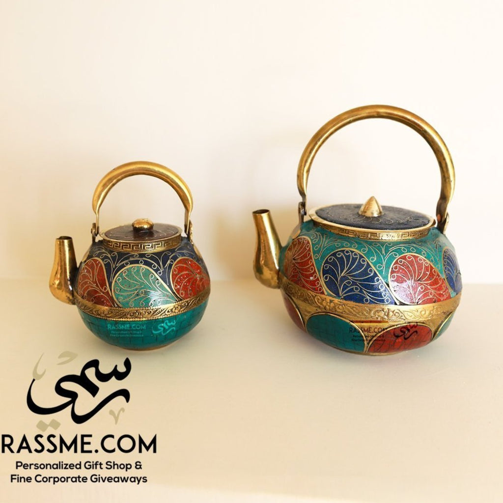 Nepalese Pure Copper Gemstone Lapis, Turquoise & Coral Teapot Round Set