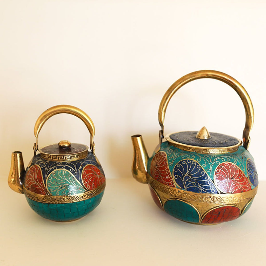 Nepalese Pure Copper Gemstone Lapis, Turquoise & Coral Teapot Wide Set