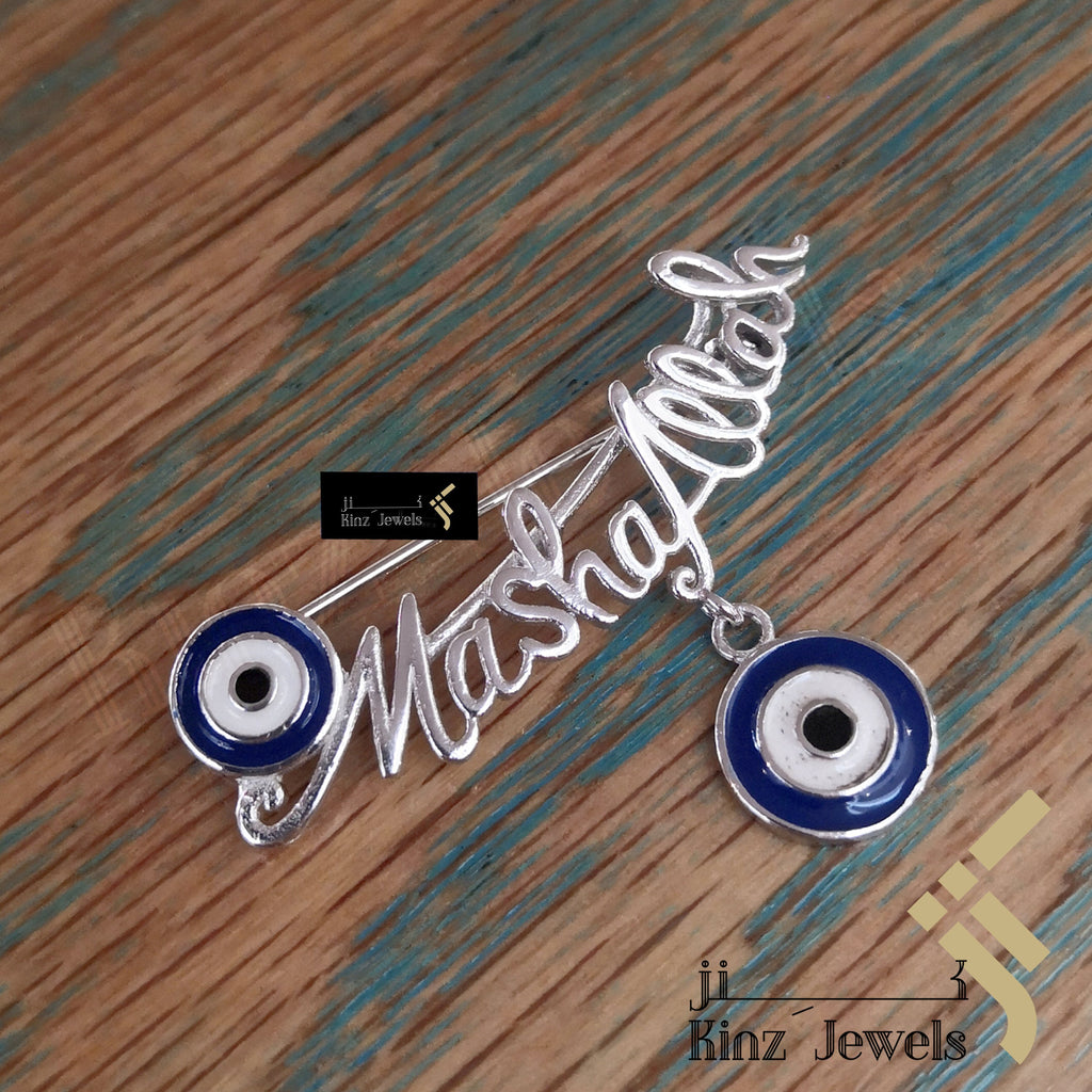 Sterling Silver Rhodium Vermeil Blue Eye Pin Brooch For Baby - Mashallah