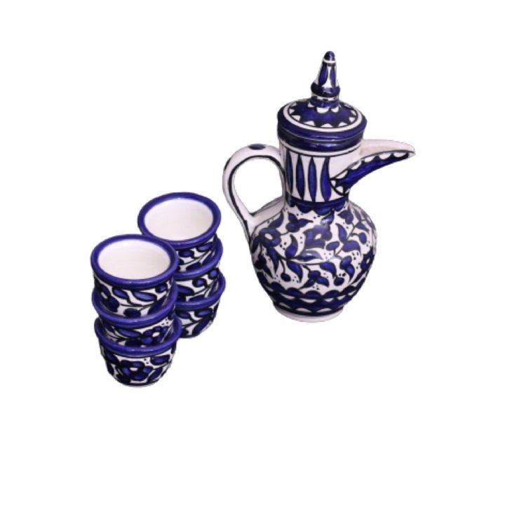 Palestinian Floral Ceramic Pot Dallah With 6 Cups Coffee Set