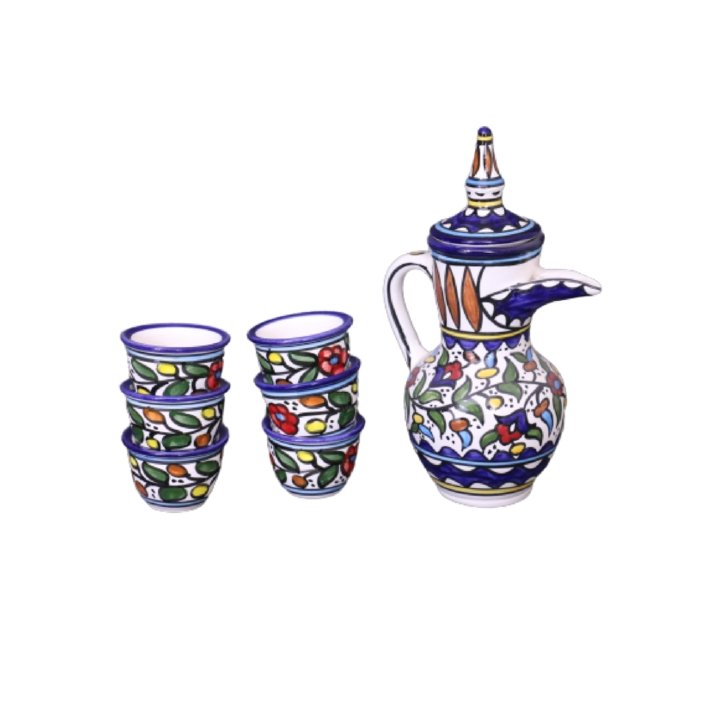 Palestinian Floral Ceramic Pot Dallah With 6 Cups Coffee Set