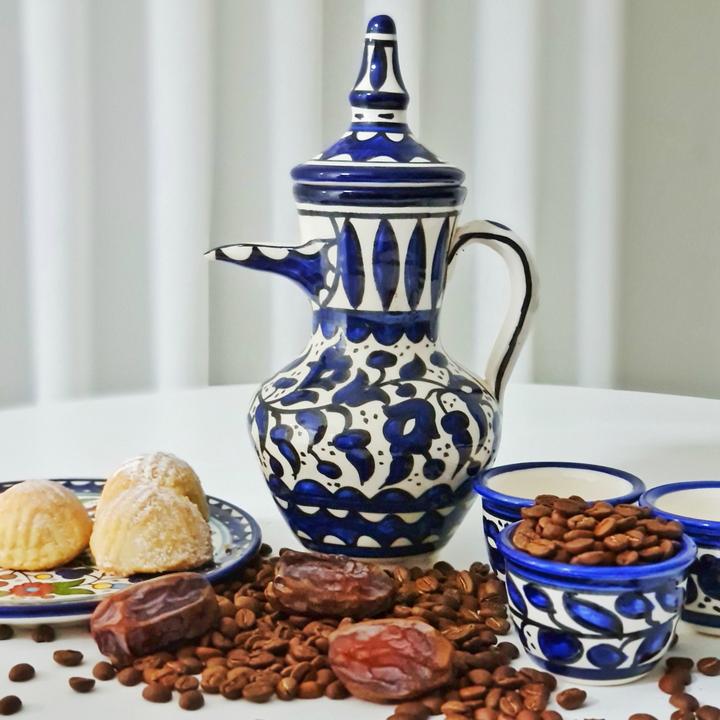 Palestinian Floral Ceramic Pot Dallah With 6 Cups Coffee Set