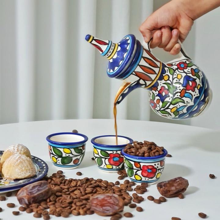 Palestinian Floral Ceramic Pot Dallah With 6 Cups Coffee Set