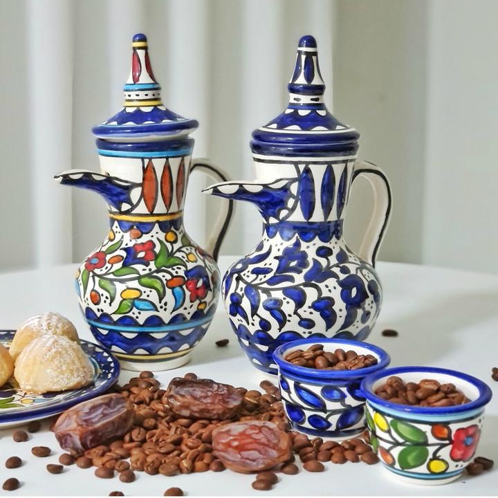Palestinian Floral Ceramic Pot Dallah With 6 Cups Coffee Set