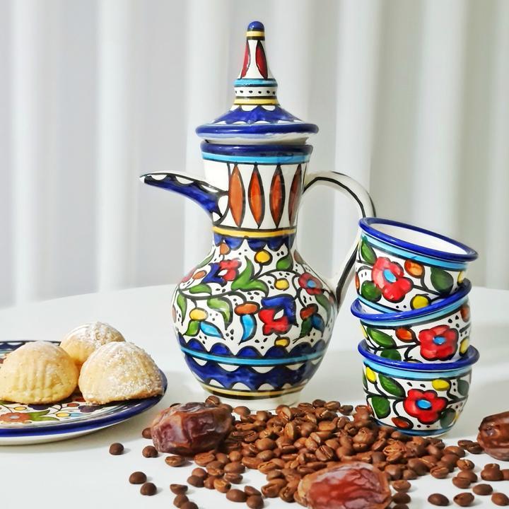 Palestinian Floral Ceramic Pot Dallah With 6 Cups Coffee Set