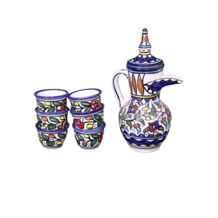 Palestinian Floral Ceramic Pot Dallah With 6 Cups Coffee Set