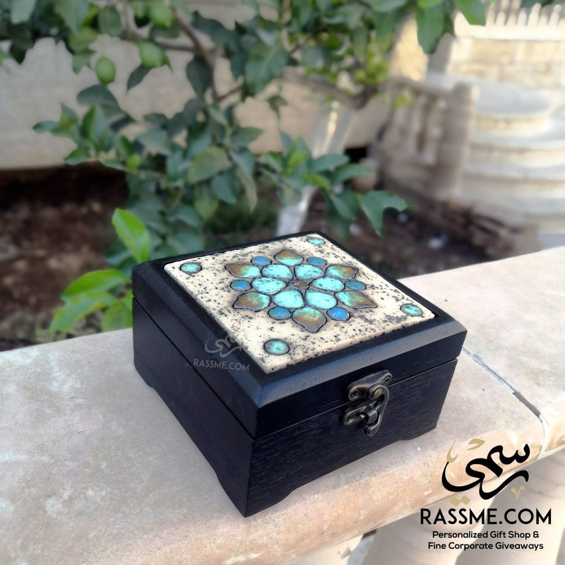Personalized Wooden Box with Turquoise Rosette Tile