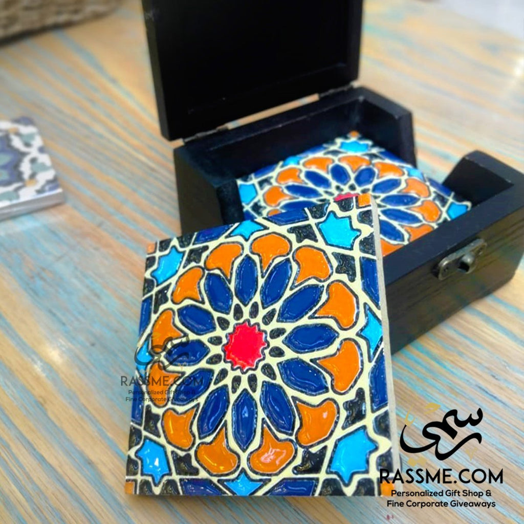 Personalized Wooden Box Colored Ceramic Coasters Set