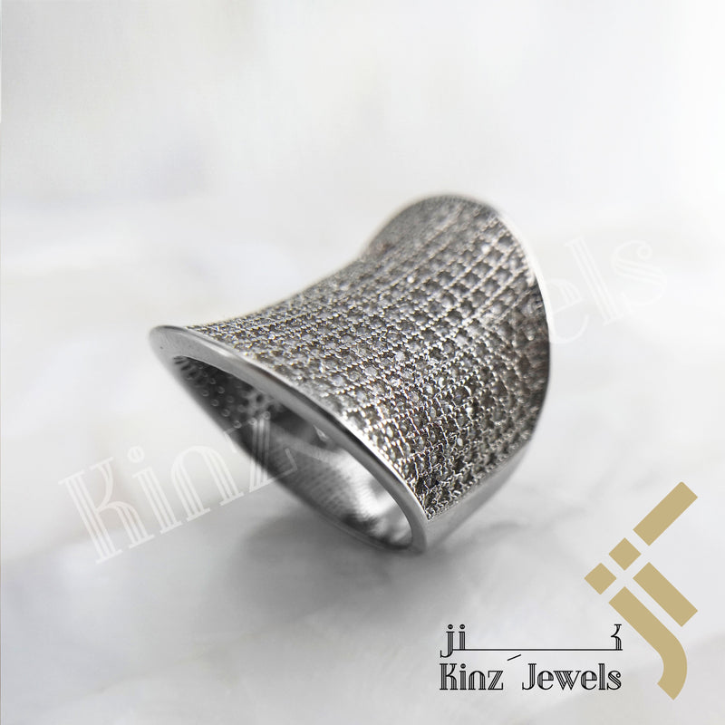 Sterling Silver Free Rhodium Vermeil Saddle Inspired Full Zircon Ring