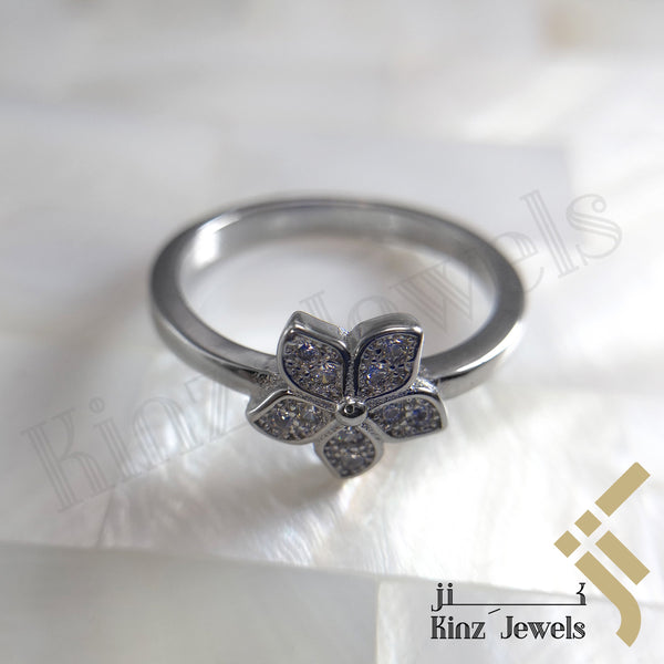 Sterling Silver Rhodium Vermeil Simple Flower With Zircon Ring