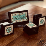 Nabatean desk name sign set with turquoise mosaic accents and matching accessories