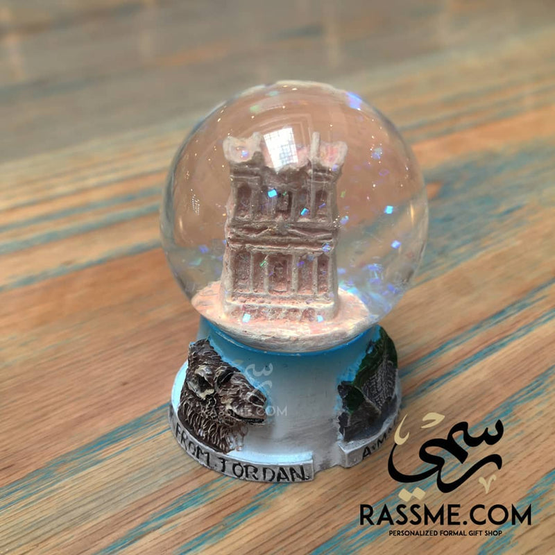 Petra snow globe with the Treasury building inside and a scenic base.
