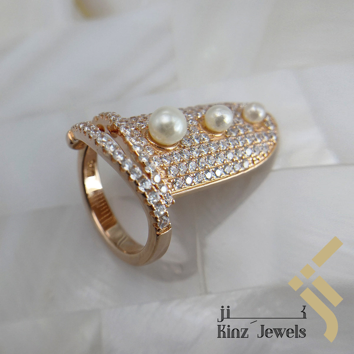 Sterling Silver Rose Gold Vermeil Zircon & Pearls Nail Ring