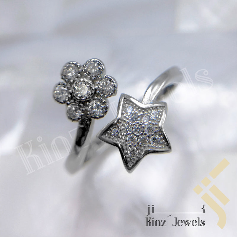 Sterling Silver Zircon Flower and Star Free Size Rhodium Vermeil Ring