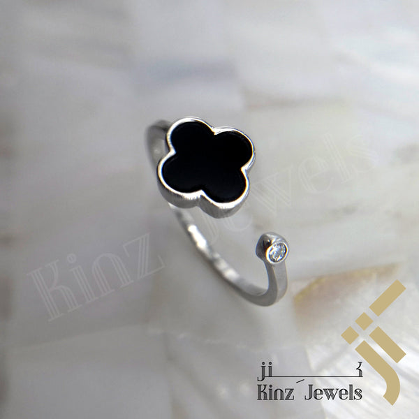 Sterling Silver Free Size Black Enamel Flower Rhodium Vermeil Ring