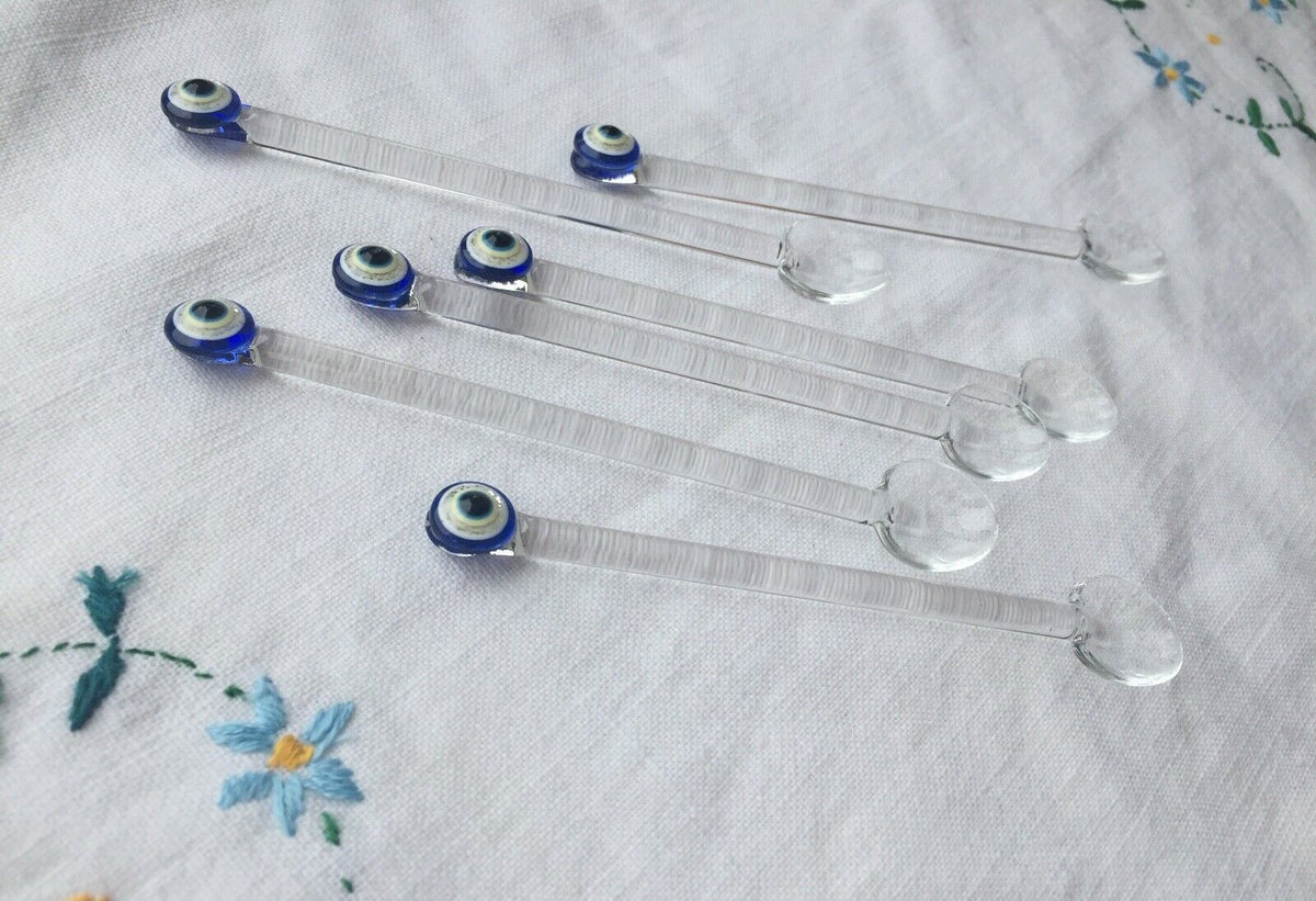 Glass Teaspoons with Evil Eye, Set of 6, Perfect for Coffee-Tea Serving