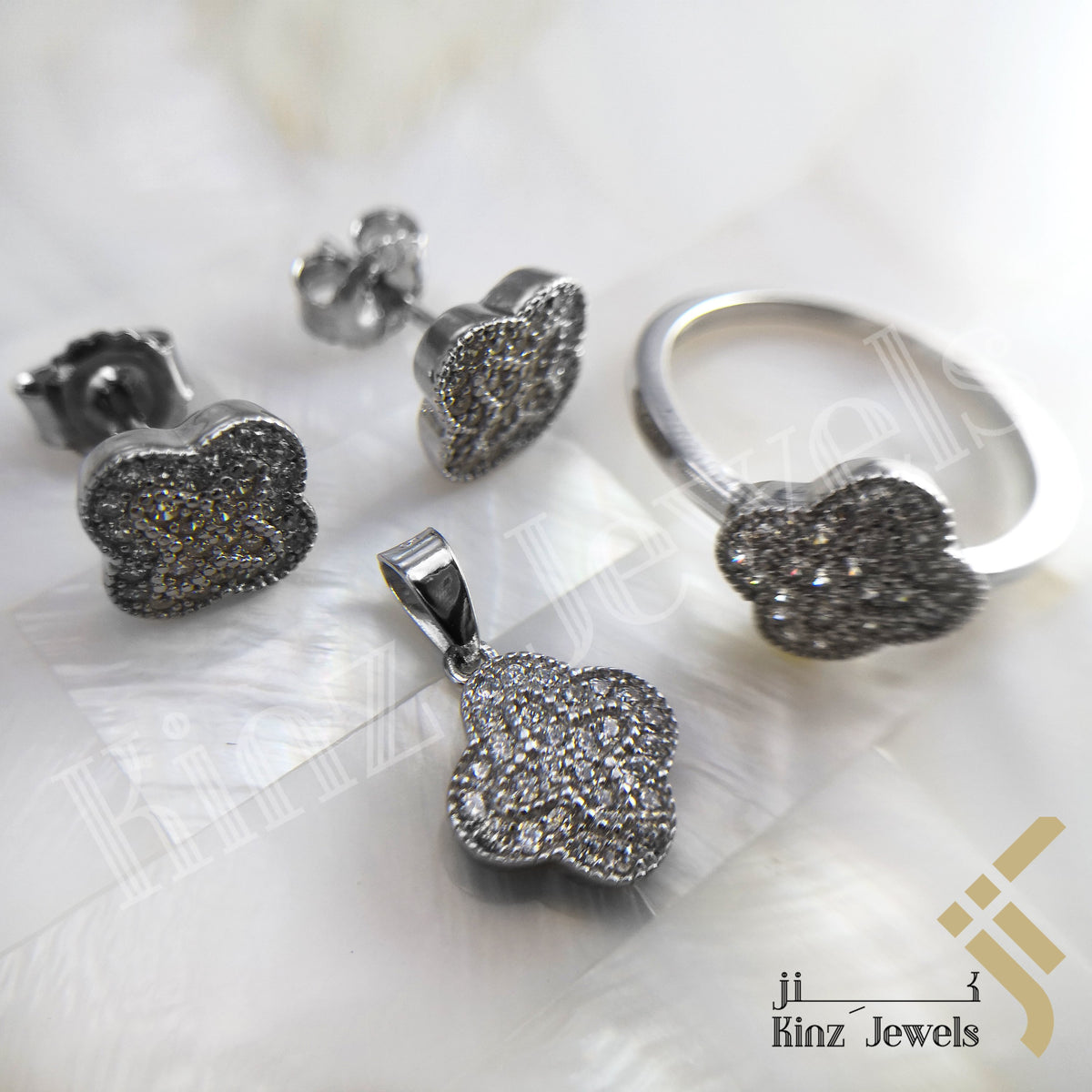 Sterling Silver Rhodium Vermeil Fine Cut Flower Jewelry Set